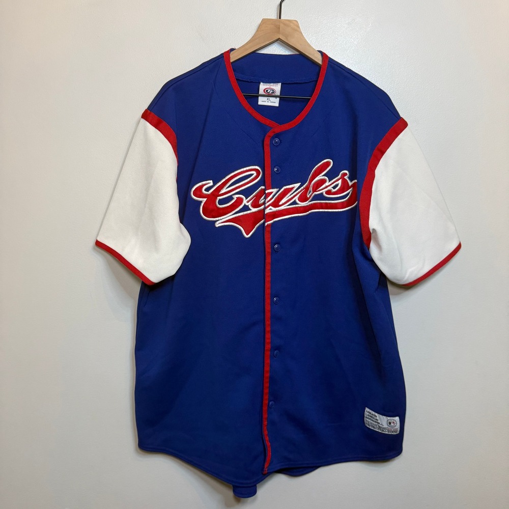 True Fan MLB Chicago Cubs Baseball Jersey Blue White Red Size X-Large Button Up
